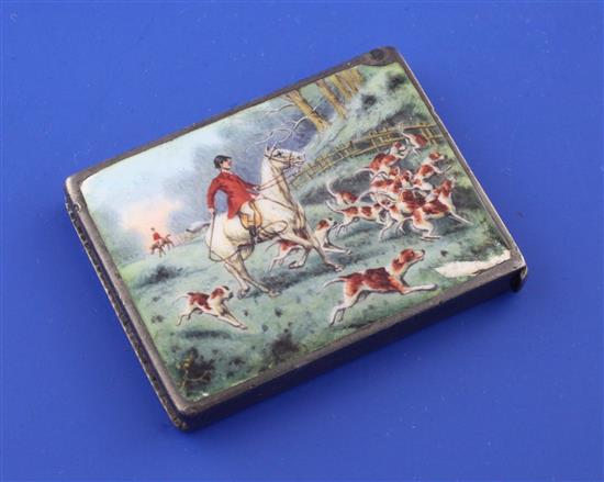 An Edwardian silver and enamel rectangular vesta case, the lid decorated with fox hunting scene, 1.75in.